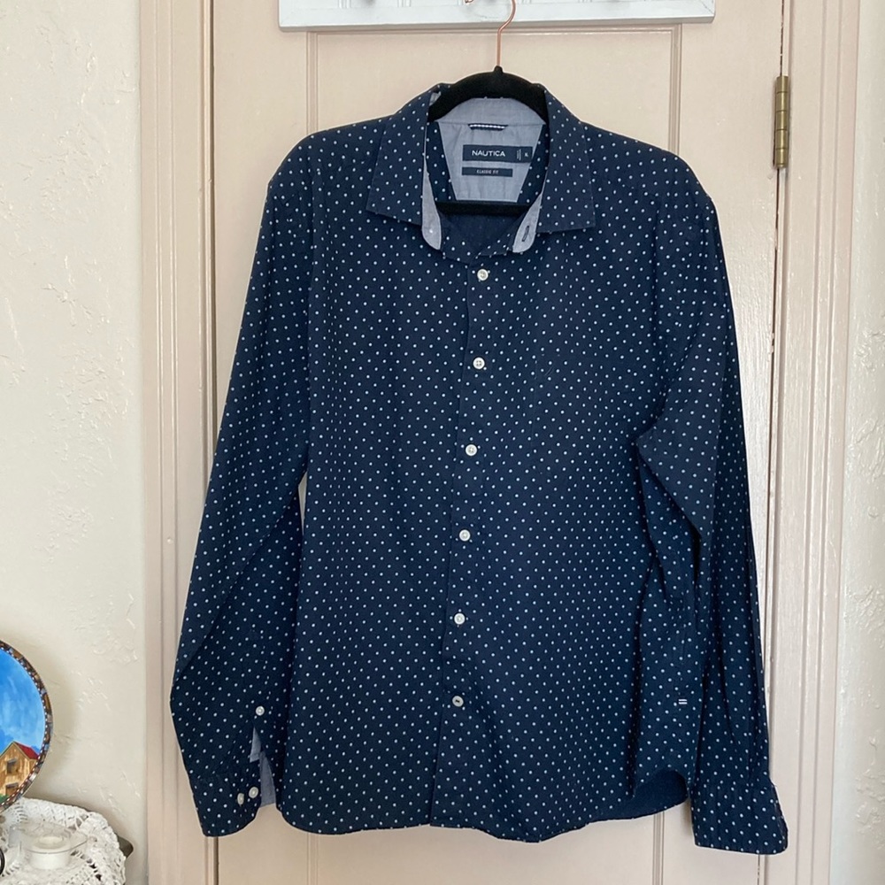 Nautica Men’s Cotton Button Up Shirt Blue/White Long Sleeve Classic Fit XL